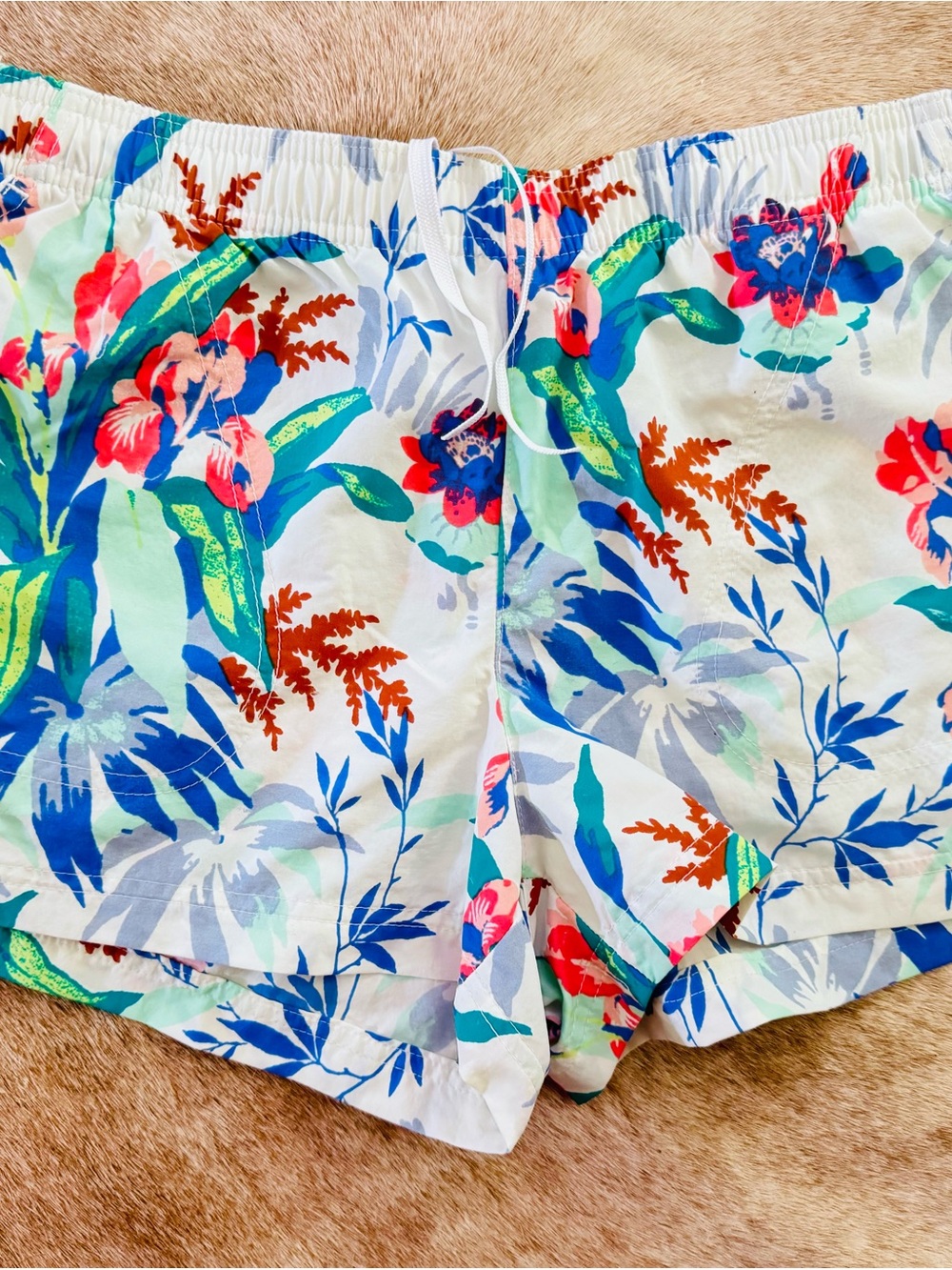 Columbia White Floral Print Athletic Shorts with Blue & Green Accents
